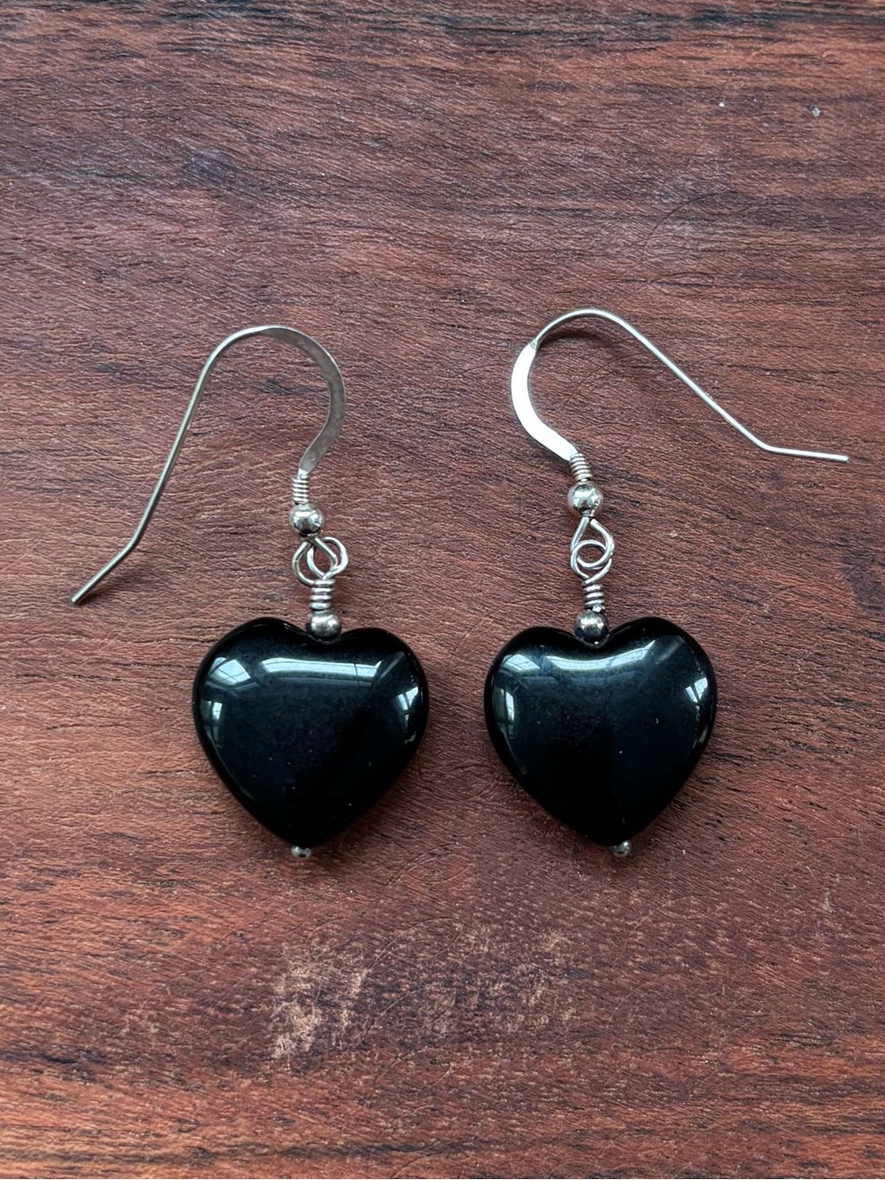 Black Onyx Heart Sterling Silver Earrings for Women - Polished Heart Dangles